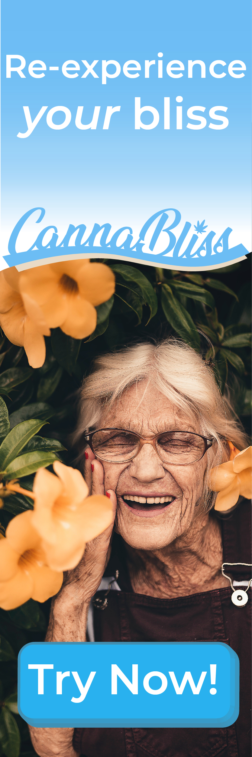 Still vertical banner ad featuring a senior woman having a joyous time connecting with nature